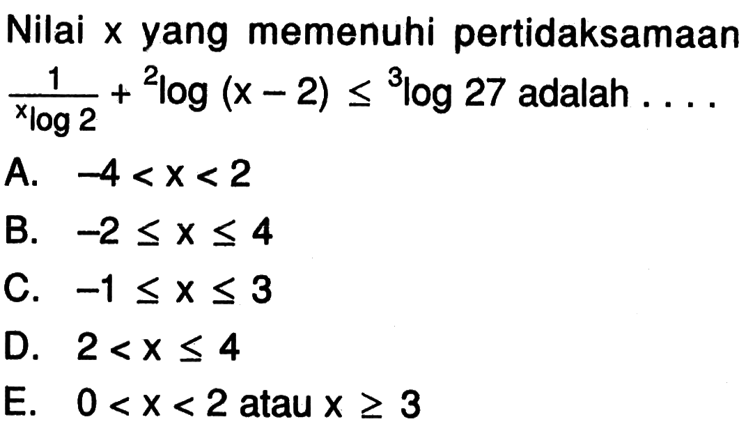 Nilai yang memenuhi pertidaksamaan 1/(xlog2)+2log(x-2)<=3log27 adalah ...