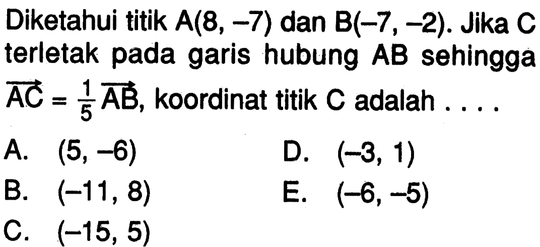 Diketahui titik A(8,-7) dan B(-7,-2). Jika C terletak pada garis hubung AB sehingga vektor AC=1/5 vektor AB, koordinat titik C adalah  ... 