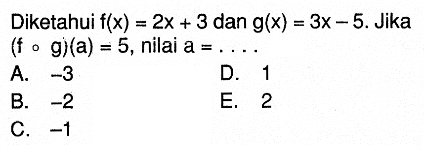 Diketahui f(x)=2x+3 dan g(x)=3x-5. Jika (fog)(a)=5, nilai a=....