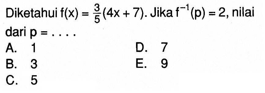 Diketahui f(x)=3/5 (4 x+7). Jika f^(-1)(p)=2, nilai dari p=....