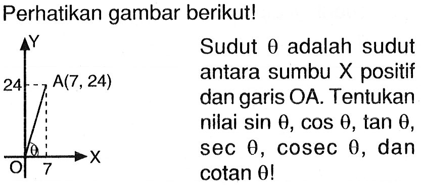 Perhatikan gambar berikut! 24 7 A(7,24) Sudut theta adalah sudut antara sumbu X positif dan garis OA. Tentukan nilai sin theta, cos theta, tan theta , sec theta, cosec theta , dan cotan theta!