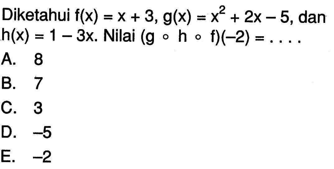 Diketahui f(x)=x+3, g(x)=x^2+2x-5, dan h(x)=1-3x.  Nilai (gohof)(-2)=... 