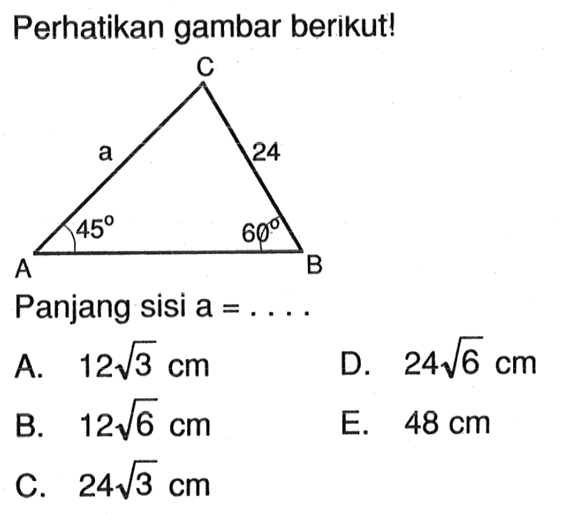 Perhatikan gambar berikut! C a 24 45 60 A BPanjang sisi  a=... .