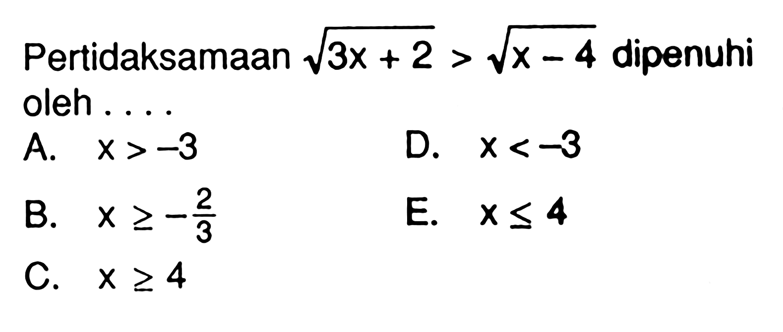 Pertidaksamaan akar(3x+2)>akar(x-4) dipenuhi oleh ....