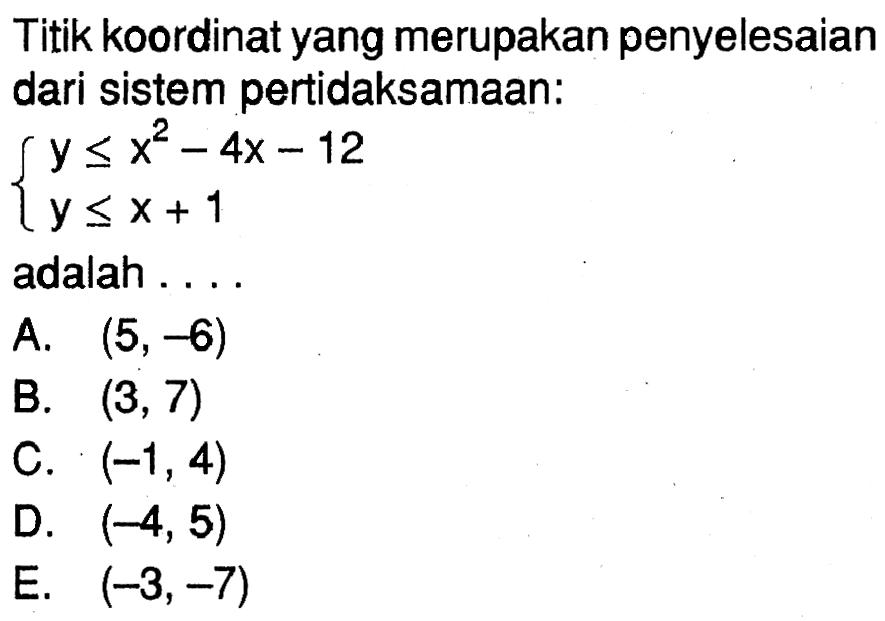 Titik koordinat yang merupakan penyelesaian dari sistem pertidaksamaan: y<=x^2-4x-12 y<=x+1 adalah....