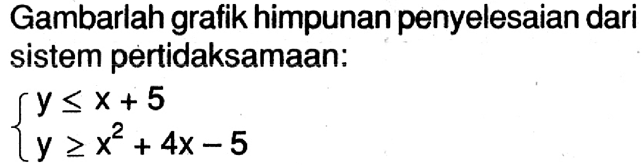 Gambarlah grafik himpunan penyelesaian dari sistem pertidaksamaan: y>=x+5 y>=x^2+4x-5