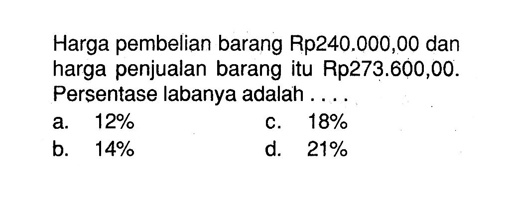 Harga pembelian barang Rp240.000,00 dan harga penjualan barang itu Rp273.600,00. Persentase labanya adalah ....