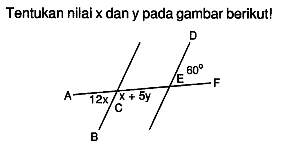 Tentukan nilai x dan y pada gambar berikut! D 60 E F A 12x x + 5y C B 