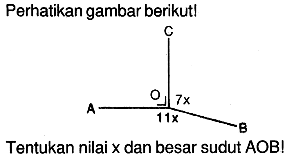 Perhatikan gambar berikut!Tentukan nilai x dan besar sudut AOB! 11x 7x A B C O