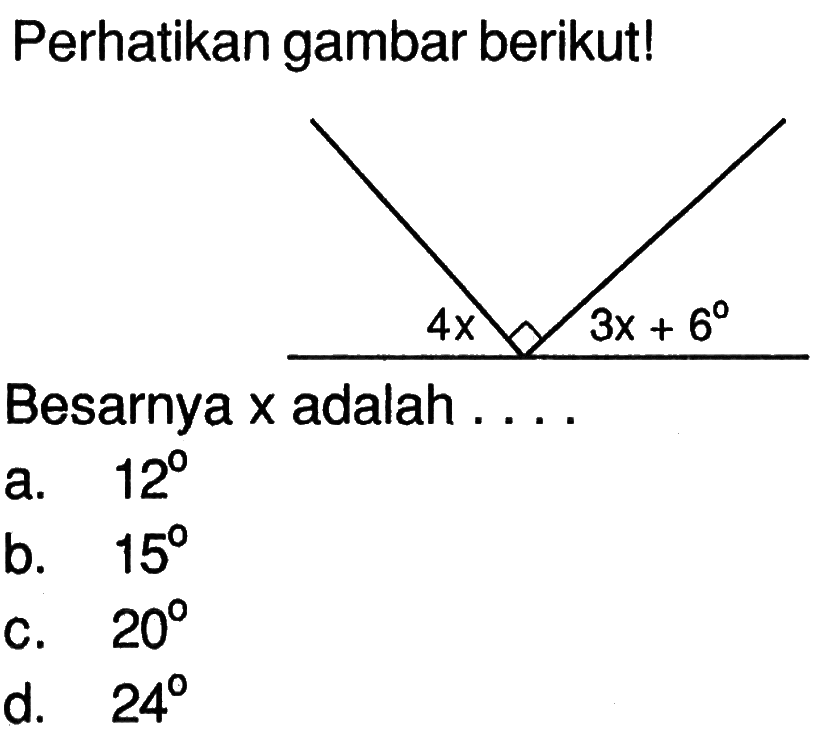 Perhatikan gambar berikut! 4x 3x+6 Besarnya x adalah . . .