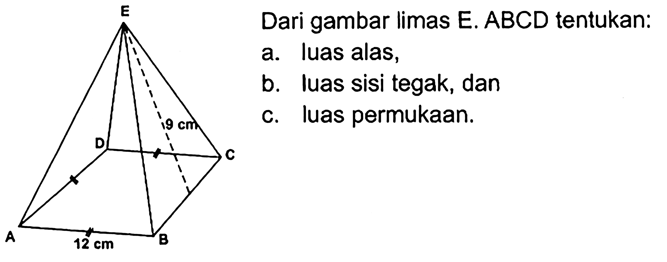 Dari gambar limas E. ABCD tentukan: a. luas alas, b. luas sisi tegak, dan c. luas permukaan.