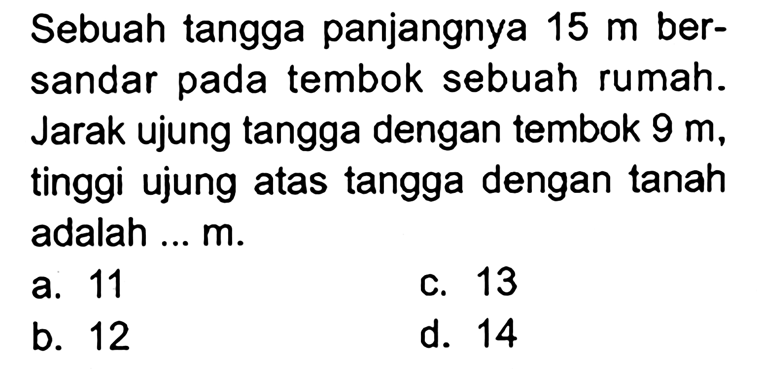 Sebuah tangga panjangnya  15 m  bersandar pada tembok sebuah rumah. Jarak ujung tangga dengan tembok  9 m , tinggi ujung atas tangga dengan tanah adalah .... m.