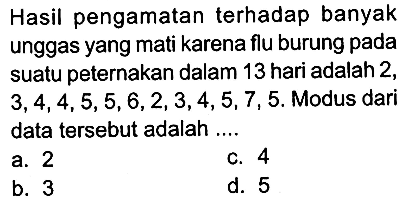 Hasil pengamatan terhadap banyak unggas yang mati karena flu burung pada suatu peternakan dalam 13 hari adalah 2, 3, 4, 4, 5, 5, 6, 2, 3, 4, 5, 7, 5. Modus dari data tersebut adalah ....