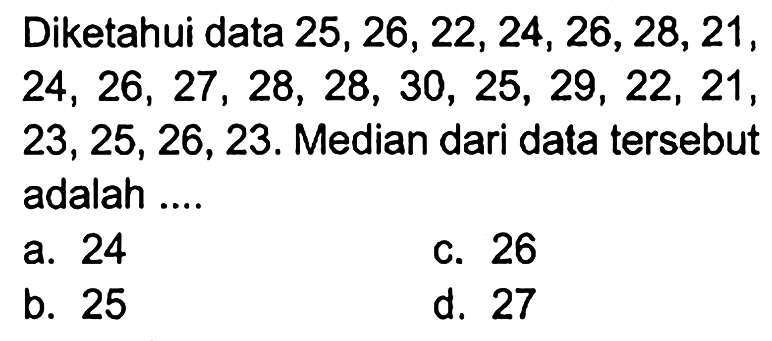 Diketahui data 25,26,22,24,26,28,21,24,26,27,28,28,30,25,29,22,21,23,25,26,23. Median dari data tersebut adalah ....