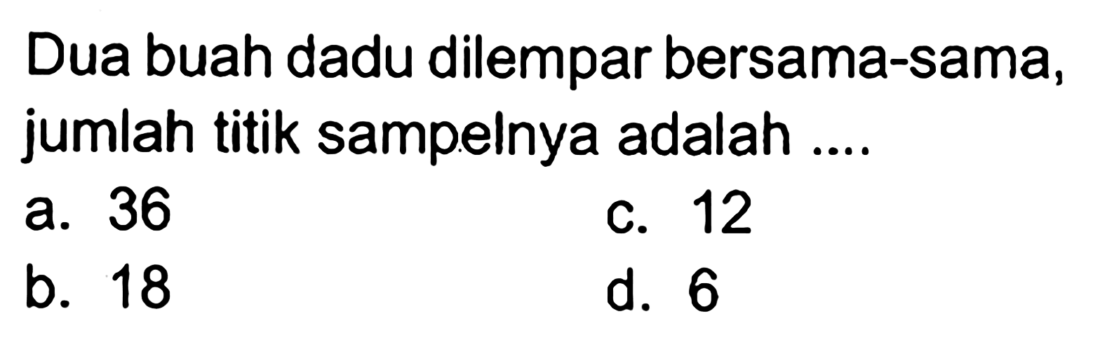 Dua buah dadu dilempar bersama-sama, jumlah titik sampelnya adalah....