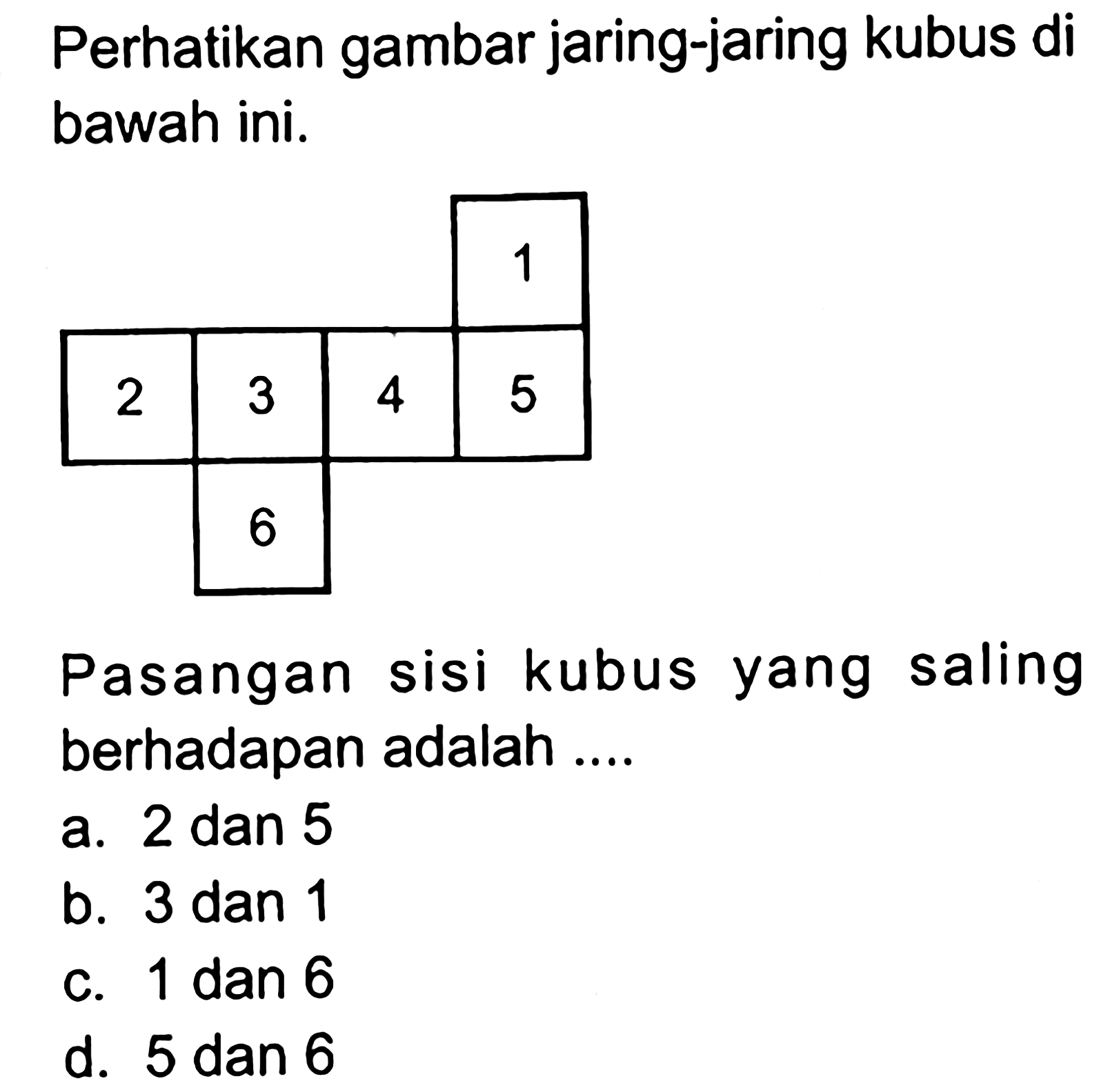 perhatikan gambar jaring-jaring kubus di bawah ini.Pasangan sisi kubus yang saling berhadapan adalah....a. 2 dan 5b. 3 dan 1c. 1 dan 6d. 5 dan 6