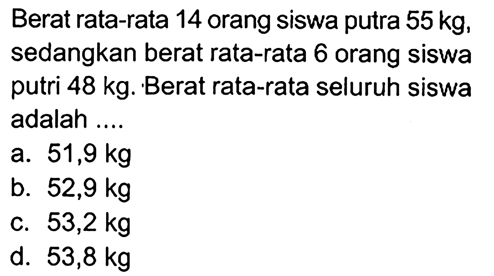 Berat rata-rata14 orang siswa putra 55 kg, sedangkan berat rata-rata 6 orang siswa putri 48 kg. Berat rata-rata seluruh siswa adalah ....