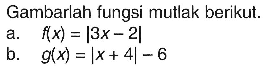 Gambarlah fungsi mutlak berikut.a. f(x)=|3x-2|b. g(x)=|x+4|-6