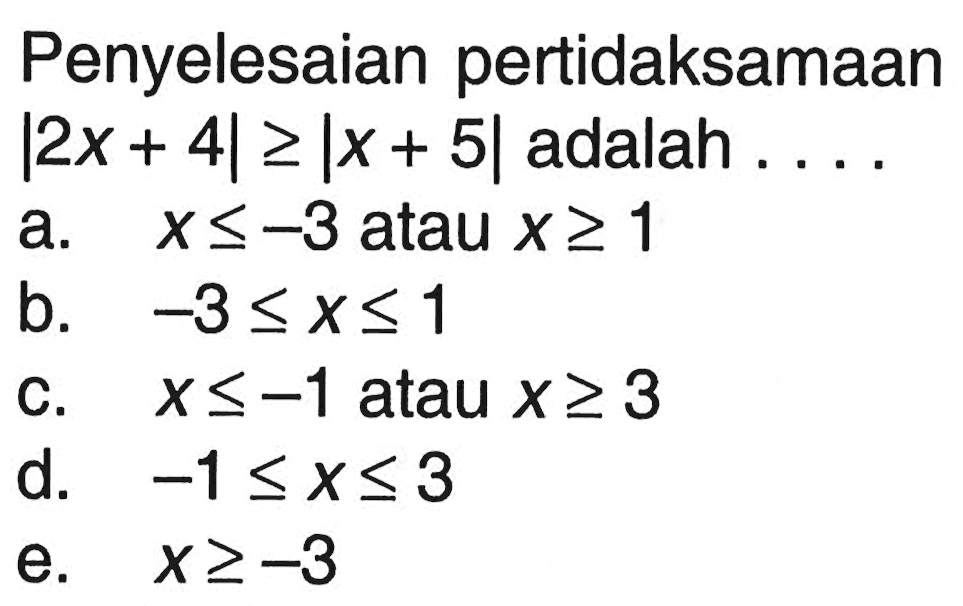 Penyelesaian pertidaksamaan |2x+4|>=|x+5| adalah . . . .