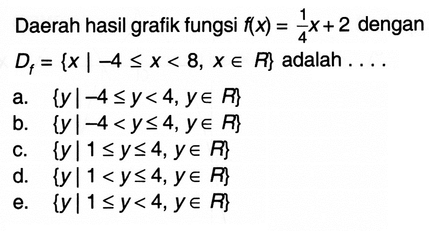 Daerah hasil grafik fungsi f(x)=(1/4)x+2 dengan Df={x|-4<=x<8, x e R} adalah ...