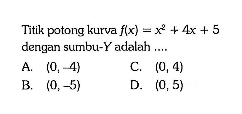 Titik potong kurva f(x) = x^2 + 4x + 5 dengan sumbu-Y adalah...