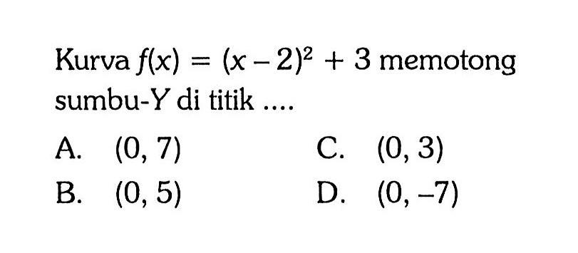 Kurva f(x) = (x - 2)^2 + 3 memotong sumbu-Y di titik ....