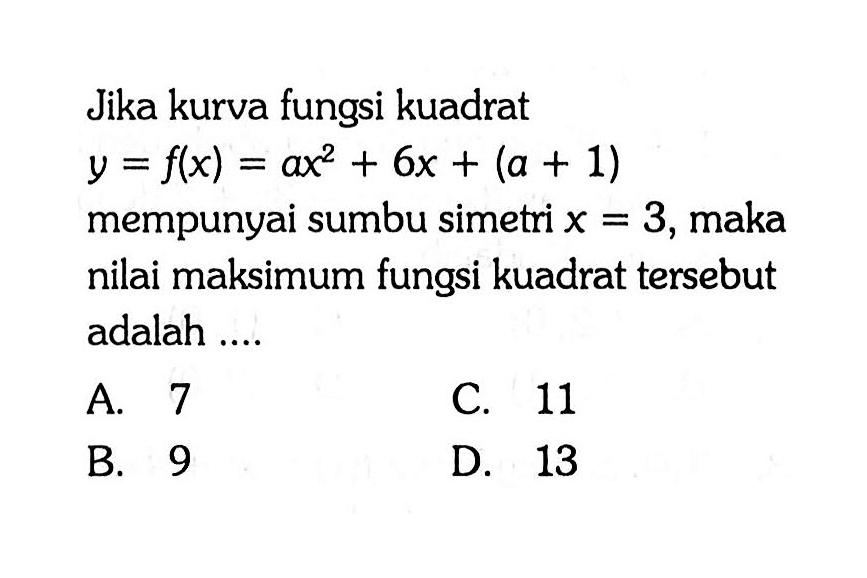 Jika kurva fungsi kuadrat y=f(x)=ax^2+6x+(a+1) mempunyai sumbu simetri x=3, maka nilai maksimum fungsi kuadrat tersebut adalah ...