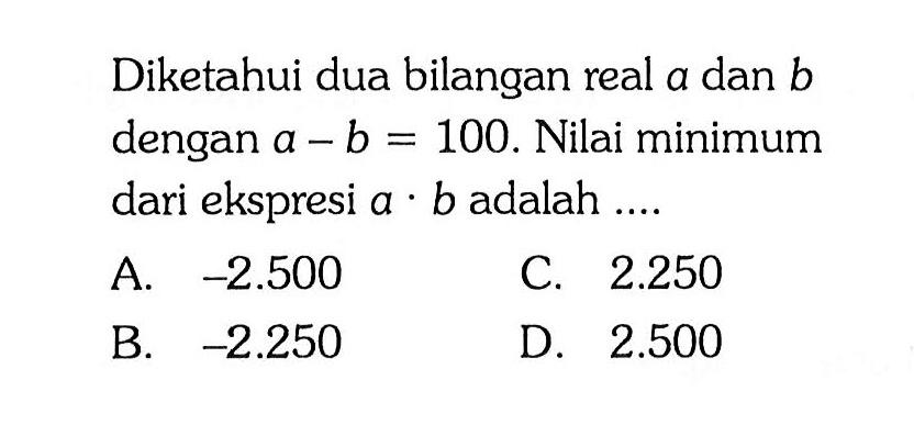 Diketahui dua bilangan real a dan b dengan a - b = 100. Nilai minimum dari ekspresi a . b adalah ....