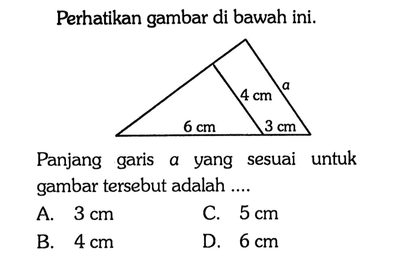 Perhatikan gambar di bawah ini.Panjang garis a yang sesuai untuk gambar tersebut adalah ....a 4 cm 3 cm 6 cm