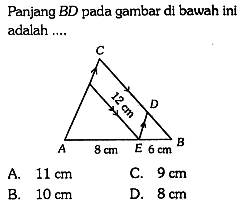 Panjang BD pada gambar di bawah ini adalah .... 12 cm 8 cm 6 cm A. 11 cm C. 9 cm B. 10 cm D. 8 cm