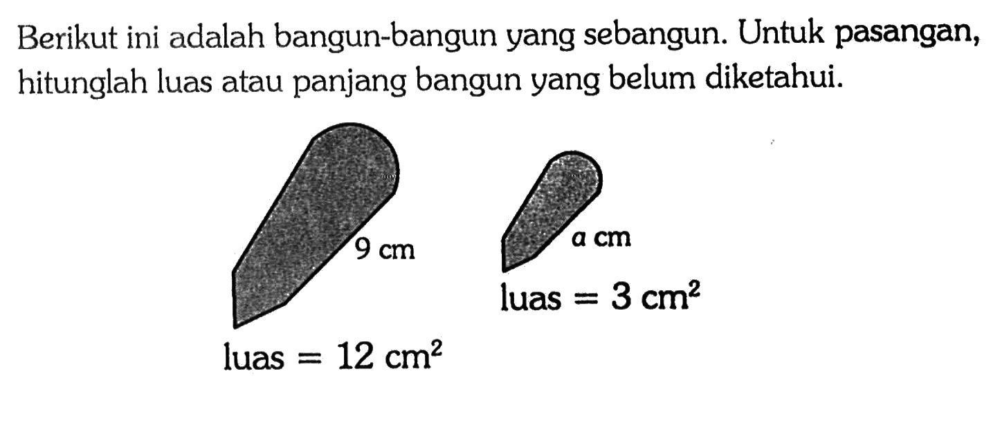 Berikut ini adalah bangun-bangun yang sebangun. Untuk pasangan, hitunglah luas atau panjang bangun yang belum diketahui. 9 cm luas=12cm^2 a cm luas=3cm^2