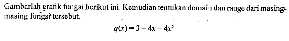 Gambarlah grafik fungsi berikut ini. Kemudian tentukan domain dan range dari masing: masing fungser tersebut. q(x)=3-4x-4x^2
