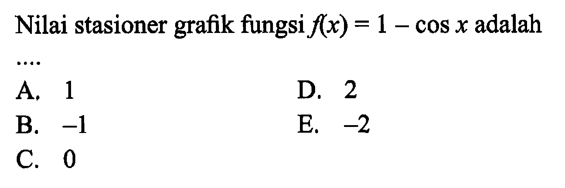 Nilai stasioner grafik fungsi f(x)=1-cos x adalah ....