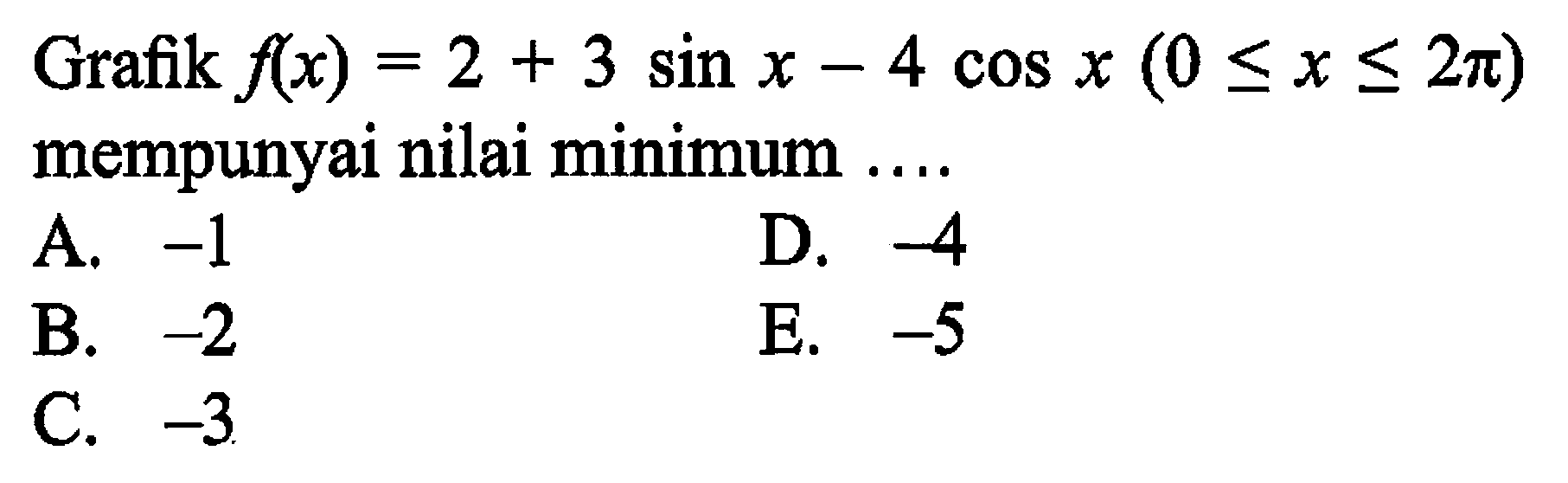 Grafik f(x) = 2 + 3 sin x - 4 cos x (0 <= x <= 2 pi) mempunyai nilai minimum 
