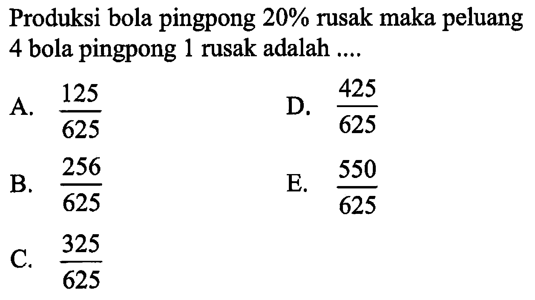 Produksi bola pingpong  20%  rusak maka peluang 4 bola pingpong 1 rusak adalah ....