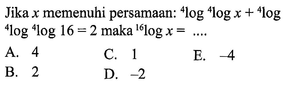 Jika x memenuhi persamaan: 4log 4logx + 4log 4log 4log16=2 maka 16logx= ....