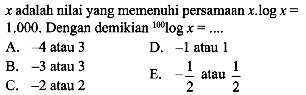 x adalah nilai yang memenuhi persamaan x.log x = 1000 . Dengan demikian 100logx=...