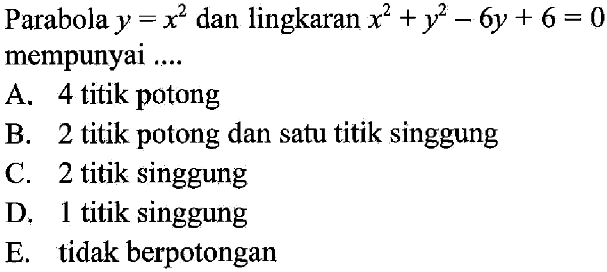 Parabola  y=x^2  dan lingkaran  x^2+y^2-6 y+6=0  mempunyai ....