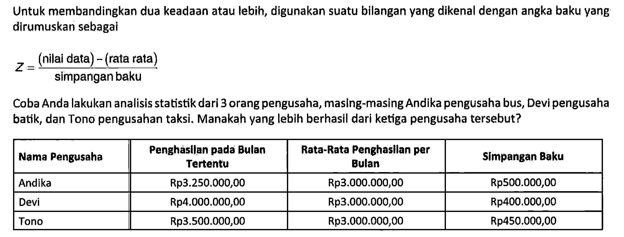 Untuk membandingkan dua keadaan atau lebih, digunakan suatu bilangan yang dikenal dengan angka baku yang dirumuskan sebagai 
Z = ((nilai data) - (rata rata))/(simpangan baku) 
Coba Anda lakukan analisis statistik dari 3 orang pengusaha, masing-masing Andika pengusaha bus, Devi pengusaha batik, dan Tono pengusahan taksi. Manakah yang lebih berhasil dari ketiga pengusaha tersebut? 
Nama Pengusaha Penghasilan pada Bulan Tertentu Rata-Rata Penghasilan per Bulan Simpangan Baku 
Andika Rp3.250.000,00 Rp3.000.000,00 Rp500.000,00 
Devi Rp4.000.000,00 Rp3.000.000,00 Rp400.000,00 
Tono Rp3.500.000,00 Rp3.000.000,00 Rp450.000,00