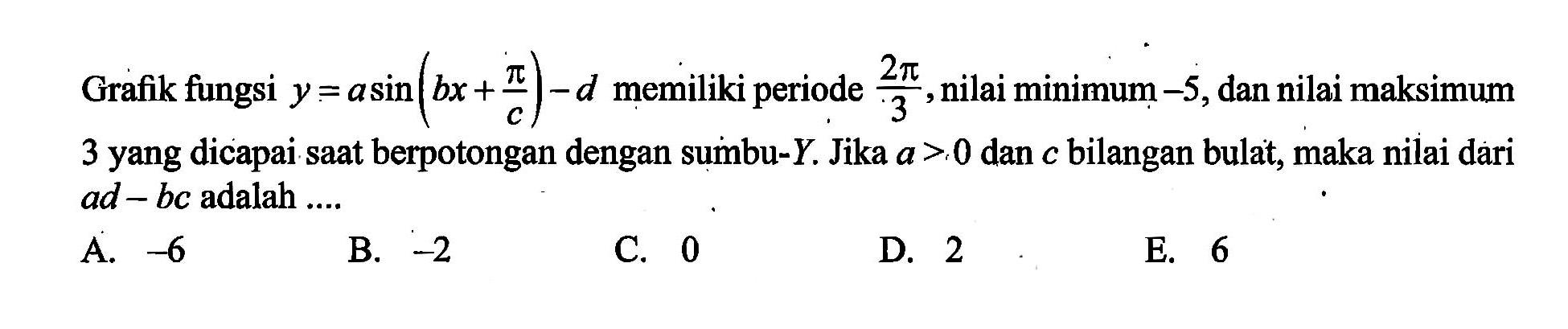 Grafik fungsi y = asin (bx + pi/c) - d memiliki periode 2pi/3, nilai minimum -5, dan nilai maksimum 3 yang dicapai saat berpotongan dengan sumbu-Y Jika a >.0 dan c bilangan bulat, maka nilai dari ad-bc adalah