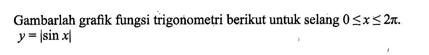 Gambarlah grafik fungsi trigonometri berikut untuk selang 0<=x<=2pi. y=|sinx|