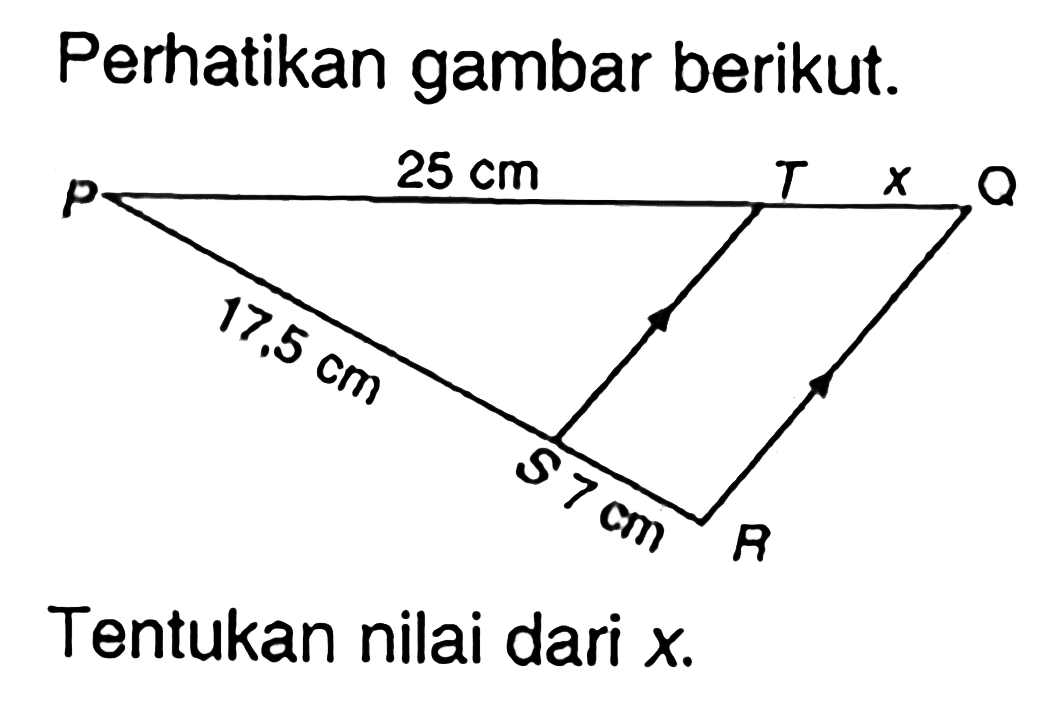 Perhatikan gambar berikut. P 25 cm T x Q 17,5 cm S 7 cm R Tentukan nilai dari x.