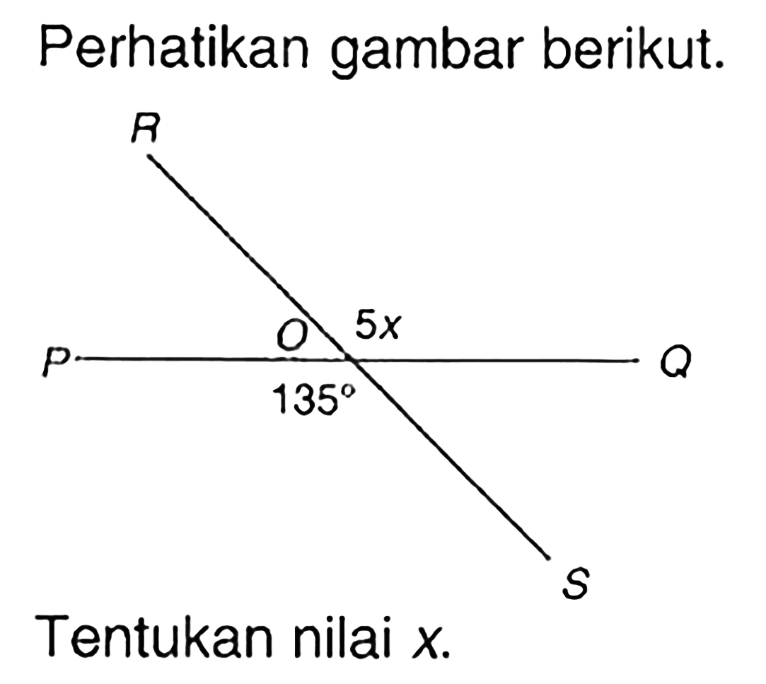 Perhatikan gambar berikut.R O 5x P 135 Q STentukan nilai  x .