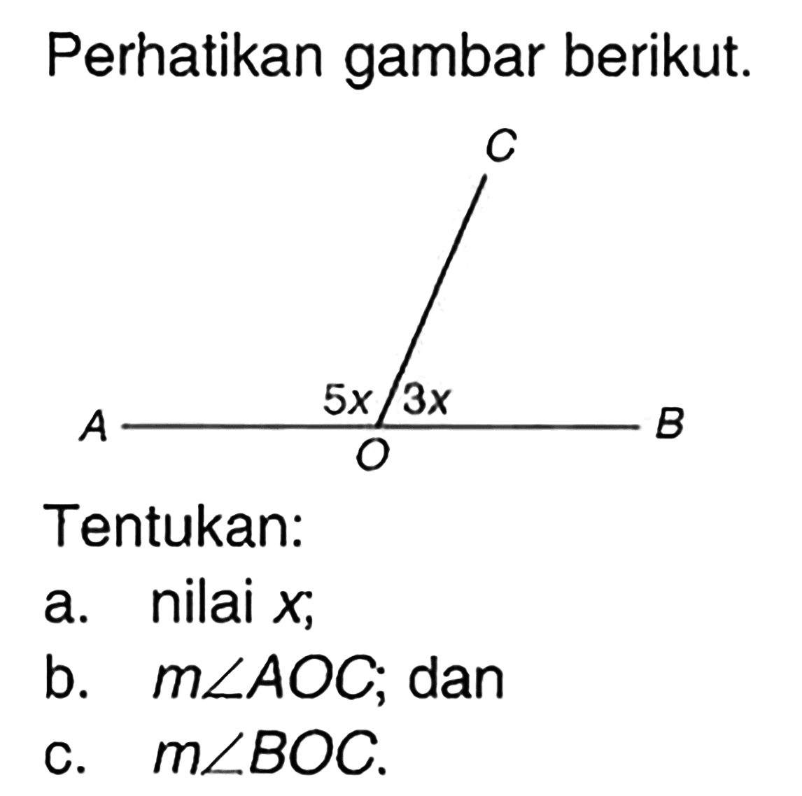 Perhatikan gambar berikut. 5x 3xTentukan:a. nilai x;b. m sudut AOC; danc. m sudut BOC.