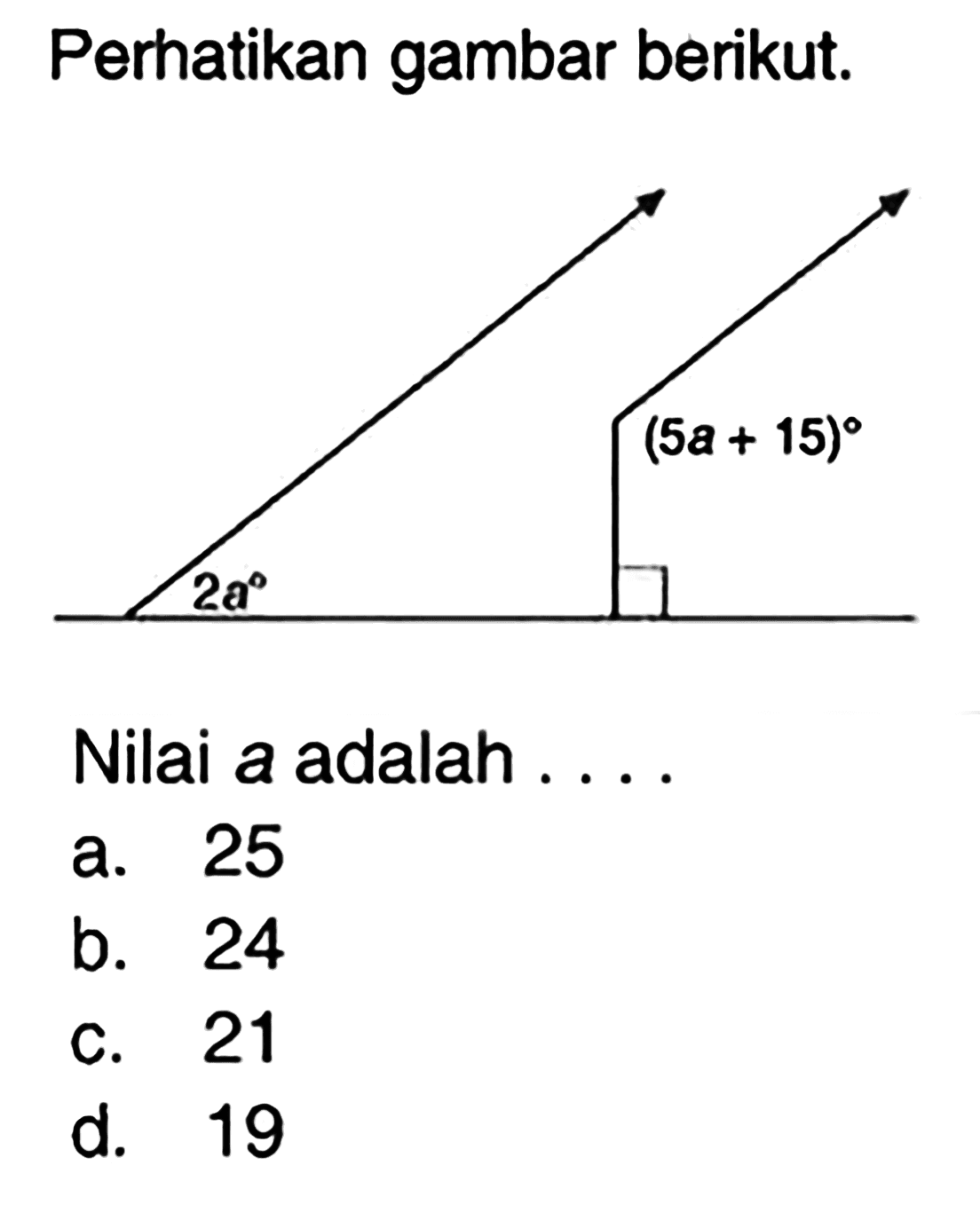 Perhatikan gambar berikut.Sudut 2a dan sudut (5a + 15)Nilai a adalah ...