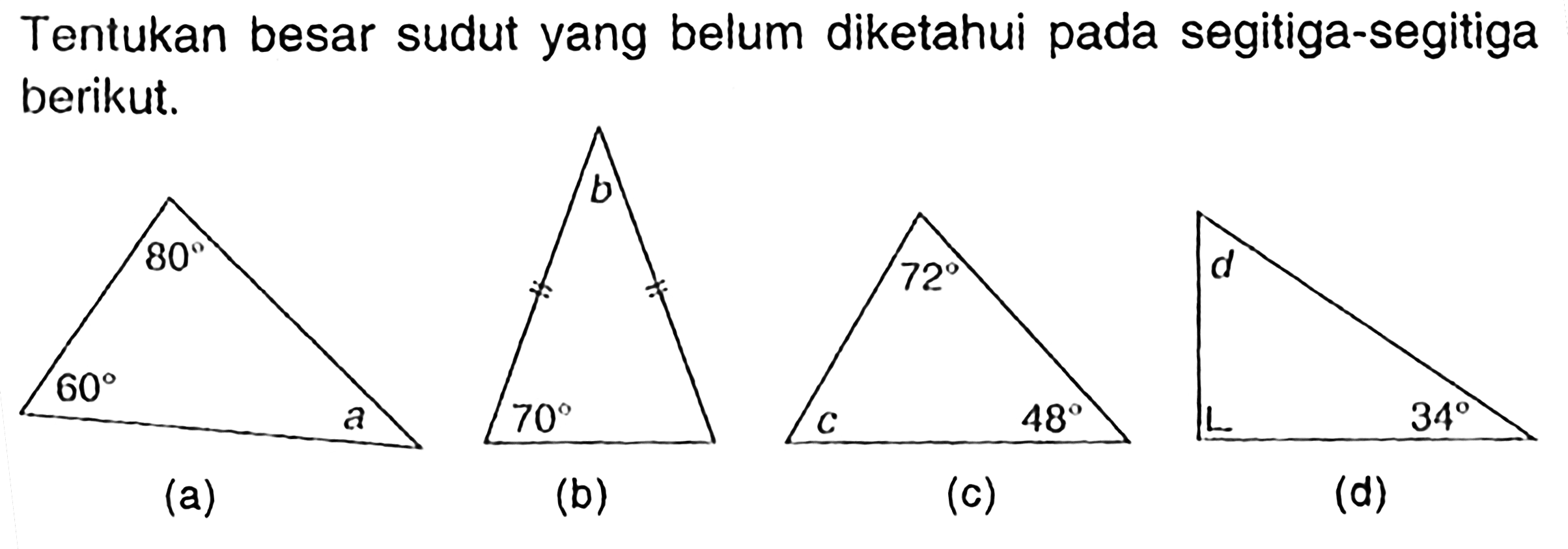 Tentukan besar sudut yang belum diketahui pada segitiga-segitiga berikut.
(a) 60 80 a
(b) b 70
(c) c 72 48
(d) d 34