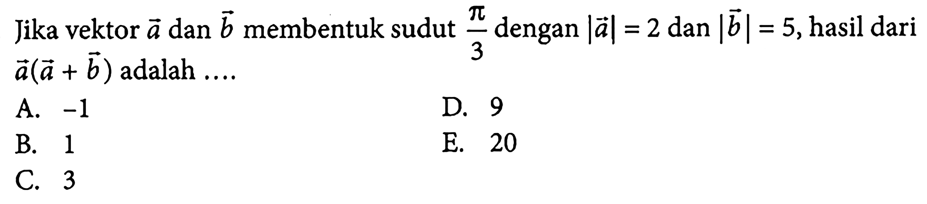 Jika vektor  a  dan  b  membentuk sudut  pi/3  dengan  |a|=2  dan  |b|=5 , hasil dari  a(a+b)  adalah ....