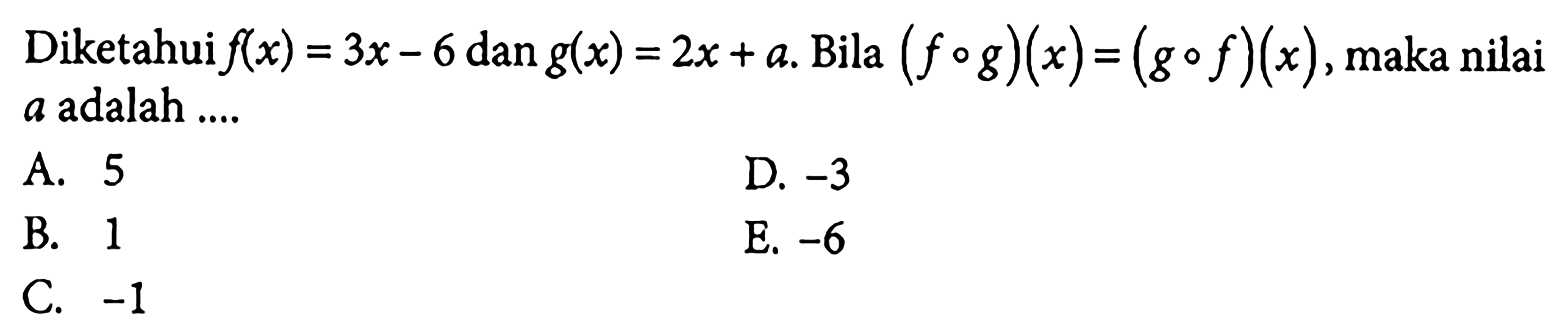 Diketahui f(x)=3x-6 dan g(x)=2x+a. Bila (fog)(x)=(gof)(x), maka nilai a adalah....