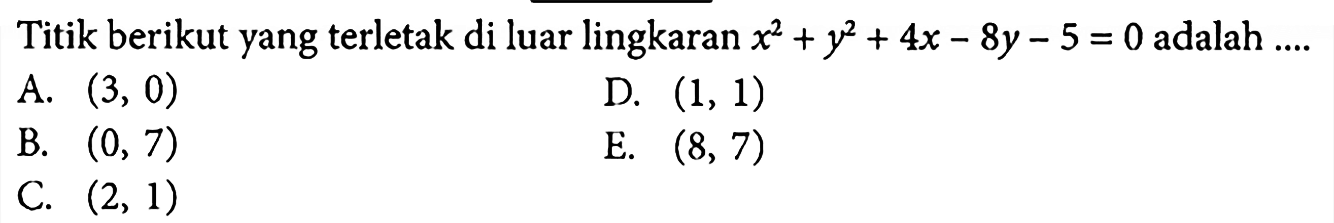 Titik berikut yang terletak di luar lingkaran x^2+y^2+4x-8y-5=0 adalah...