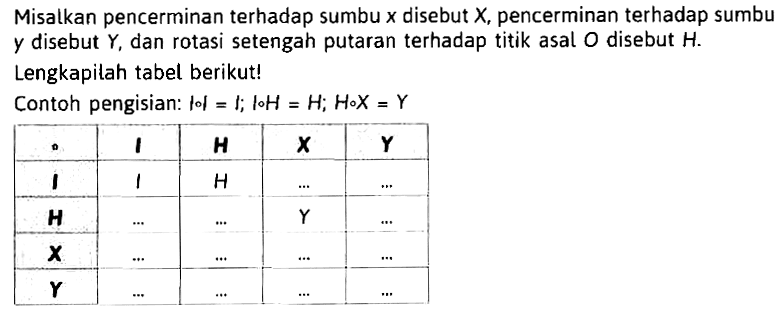 Misalkan pencerminan terhadap sumbu x disebut X, pencerminan terhadap sumbu y disebut Y, dan rotasi setengah putaran terhadap titik asal O disebut H. Lengkapilah tabel berikut! Contoh pengisian: I.I=I; I.H=H; H.X=Y . I H X Y I I H ... ... H ... ... Y ... X ... ... ... ... Y ... ... ... ...